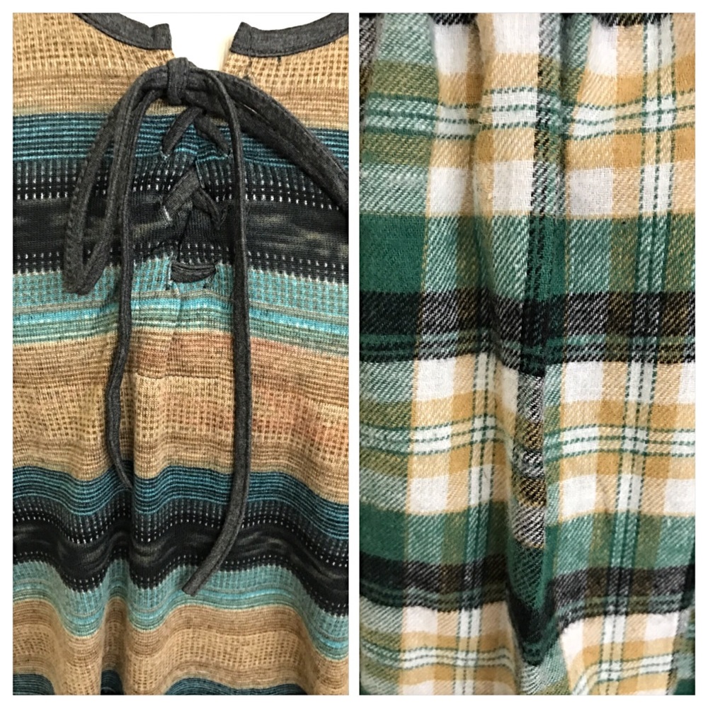 Boho Chic Plaid Striped Lace Up Front Top Small - Picture 7 of 8